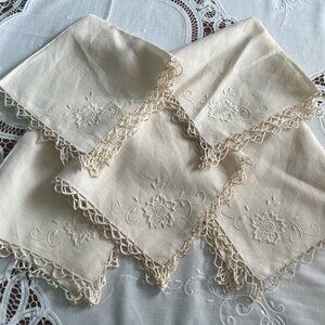 Vintage Linen Dinner Napkins Tatted Crocheted Edge Embroidered Set of 5